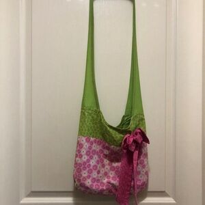 Women’s handmade cotton green pink crossbody bag with bow